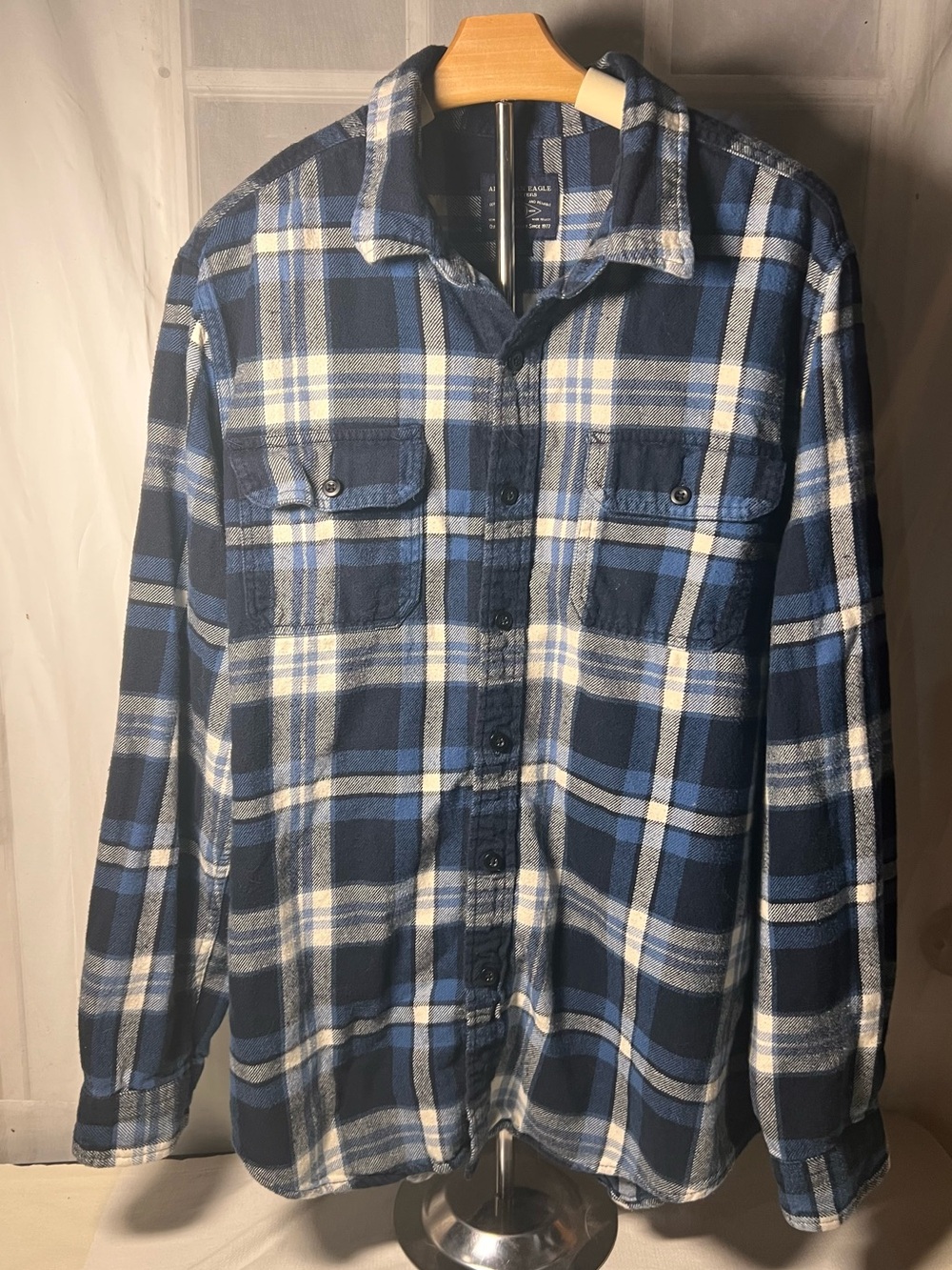 American Eagle Outfitters Blue and White Plaid Button-Up Shirt